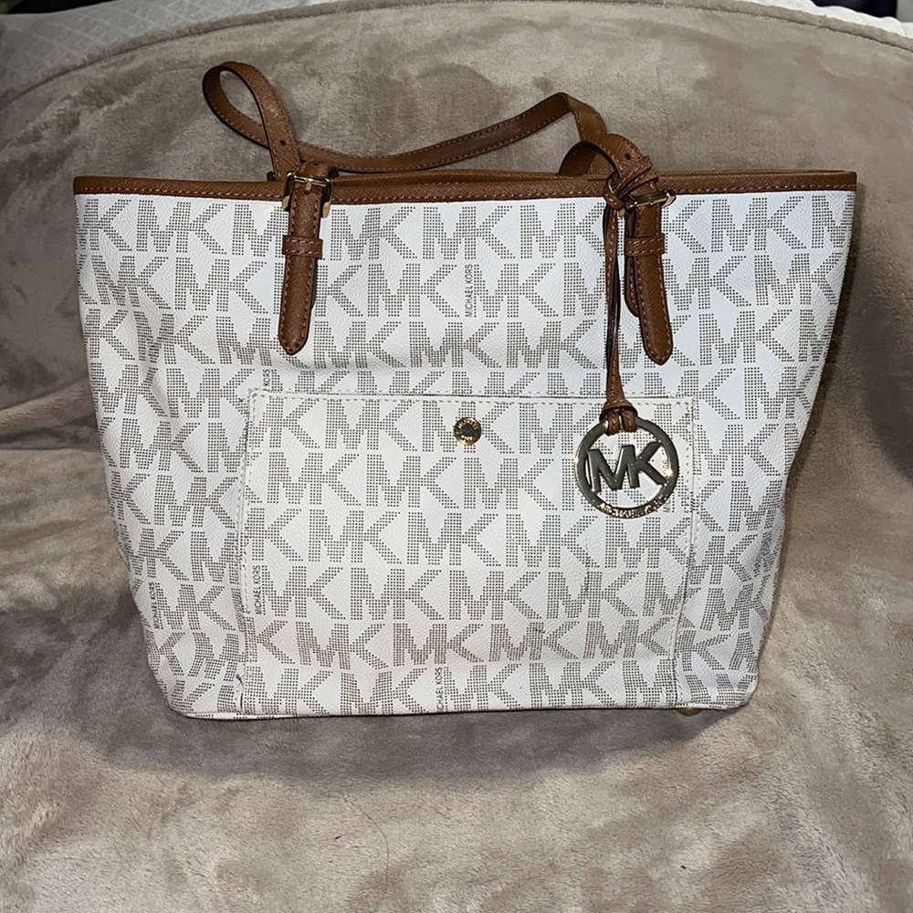 Michael Kors White and Brown Monogram Tote